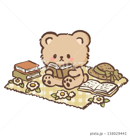 Cute teddy bear reading book on picnic blanket with straw hat and books cozy cottagecore reading illustration pastel bear clipart Cute teddy bear reading book on picnic blanket with straw hat and books cozy cottagecore reading illustration pastel bear clipart 138029441