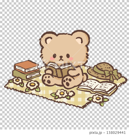 Cute teddy bear reading book on picnic blanket with straw hat and books cozy cottagecore reading illustration pastel bear clipart Cute teddy bear reading book on picnic blanket with straw hat and books cozy cottagecore reading illustration pastel bear clipart 138029441