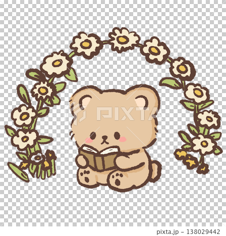 Cute teddy bear reading book under daisy flower arch cozy bookish cottagecore illustration pastel bear reading clipart 138029442