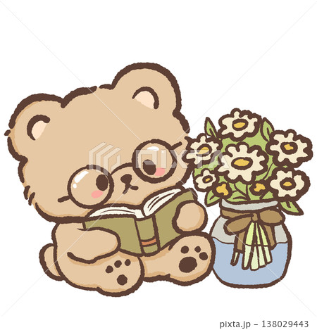Cute teddy bear wearing glasses reading book beside flower bouquet cozy bookish cottagecore illustration pastel bear clipart 138029443