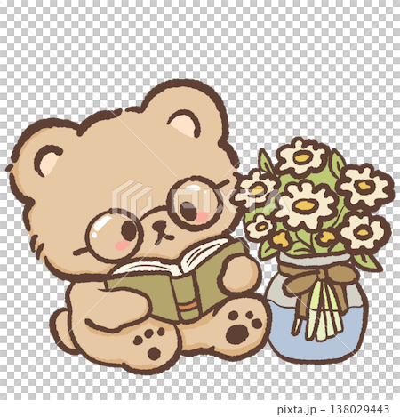 Cute teddy bear wearing glasses reading book beside flower bouquet cozy bookish cottagecore illustration pastel bear clipart 138029443