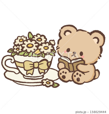 Cute teddy bear reading book beside floral teacup arrangement cozy cottagecore reading illustration pastel bear clipart Cute teddy bear reading book beside floral teacup arrangement cozy cottagecore reading illustration pastel bear clipart 138029444