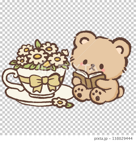 Cute teddy bear reading book beside floral teacup arrangement cozy cottagecore reading illustration pastel bear clipart Cute teddy bear reading book beside floral teacup arrangement cozy cottagecore reading illustration pastel bear clipart 138029444