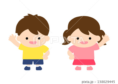 シンプルでかわいい子供のイラスト 男の子と女の子の笑顔キャラクター 手を挙げる人物アイコン素材 シンプルでかわいい子供のイラスト 男の子と女の子の笑顔キャラクター 手を挙げる人物アイコン素材 138029445