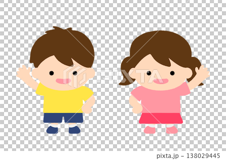 Simple and cute illustrations of children: Smiling boy and girl characters, with a person raising their hand (icon material). 138029445