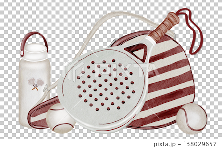 Padel tennis bag, bottle, racket and ball watercolor illustration. Clip art of sports equipment. Racket backpack. Ideal for brochures, banners, and booklets for squash or badminton. Padel tennis bag, bottle, racket and ball watercolor illustration. Clip art of sports equipment. Racket backpack. Ideal for brochures, banners, and booklets for squash or badminton. 138029657
