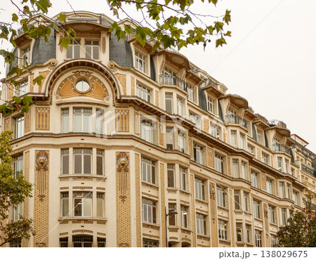Paris Art Nouveau building, intricate facade detailing historical architecture and urban design in France Paris Art Nouveau building, intricate facade detailing historical architecture and urban design in France 138029675