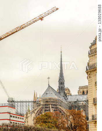 Notre Dame Cathedral spire emerging from reconstruction scaffolding with a crane in Paris during autumn Notre Dame Cathedral spire emerging from reconstruction scaffolding with a crane in Paris during autumn 138029688
