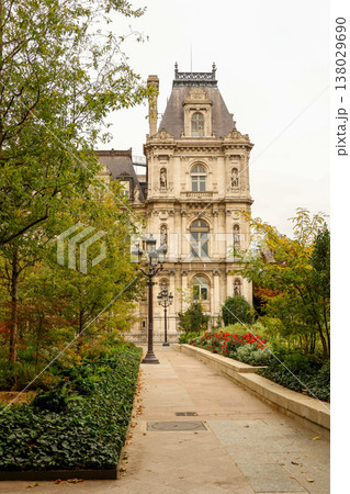 Hotel de Ville facade and garden in Paris, a landmark building with classic French architecture and green spaces Hotel de Ville facade and garden in Paris, a landmark building with classic French architecture and green spaces 138029690