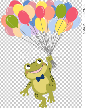 Adorable cartoon frog wearing a bow tie, happily floating while holding a bunch of colorful balloons. Adorable cartoon frog wearing a bow tie, happily floating while holding a bunch of colorful balloons. 138029702