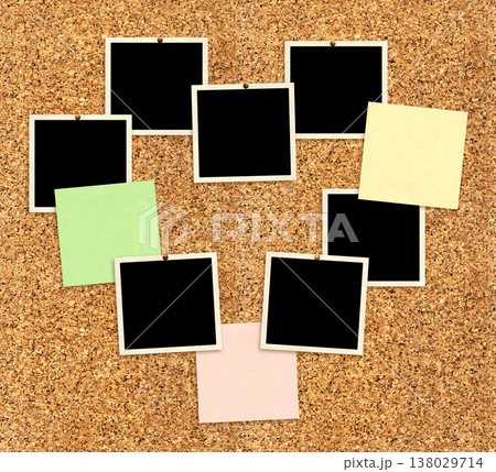 Template collage with frame photos and stick notes on cork board. Moodboard pictures album grid for scrapbooking. Vintage style mood board layout. Copy space for your text and photo Template collage with frame photos and stick notes on cork board. Moodboard pictures album grid for scrapbooking. Vintage style mood board layout. Copy space for your text and photo 138029714