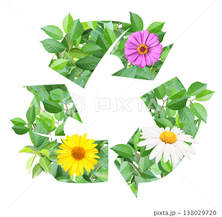 New life. Arrows recycle symbol, made of leaves and flowers. Reuse, renewable resources. Eco-friendly, Ecology, go green, environmental, zero waste, responsible consumption concept. Isolated on white New life. Arrows recycle symbol, made of leaves and flowers. Reuse, renewable resources. Eco-friendly, Ecology, go green, environmental, zero waste, responsible consumption concept. Isolated on white 138029720
