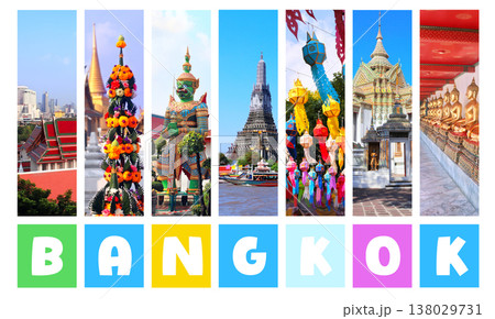 Welcome to Thailand. Travel, rest, vacation, holiday concept. Vertical banner with colourful scenes. View landmark of Bangkok - Wat Arun, Wat Pho. Topic of sightsee, trip, cruise and tour Welcome to Thailand. Travel, rest, vacation, holiday concept. Vertical banner with colourful scenes. View landmark of Bangkok - Wat Arun, Wat Pho. Topic of sightsee, trip, cruise and tour 138029731