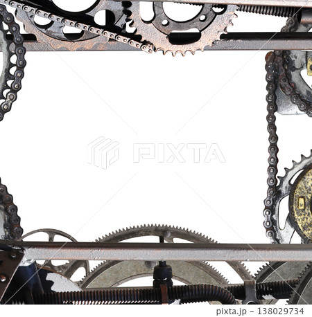 Metallic frame with vintage metal details, pipelines, gear, retro rivets. Isolated on white background. Mock up template. Copy space. Can be used for steampunk, industrial, mechanical design 138029734