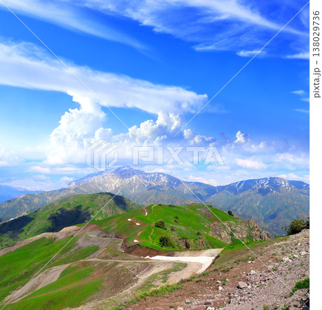 Aerial view of picturesque scenery in Western Tien Shan Mountains, Uzbekistan. A bird's-eye view of the enchanting mountain landscape. Vertical photo - landscape of Chimgan mountains, Tashkent region Aerial view of picturesque scenery in Western Tien Shan Mountains, Uzbekistan. A bird's-eye view of the enchanting mountain landscape. Vertical photo - landscape of Chimgan mountains, Tashkent region 138029736