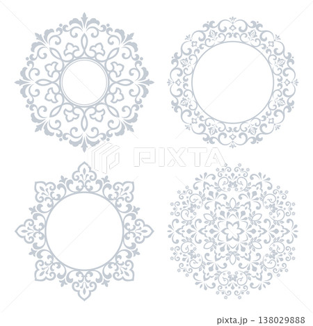Set of decorative frames Elegant vector element for design in Eastern style, place for text. Floral gray and white frames. Lace illustration for invitations and greeting cards Set of decorative frames Elegant vector element for design in Eastern style, place for text. Floral gray and white frames. Lace illustration for invitations and greeting cards 138029888