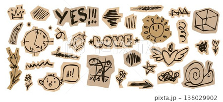Pack of hand drawn kid doodle stickers Pack of hand drawn kid doodle stickers 138029902