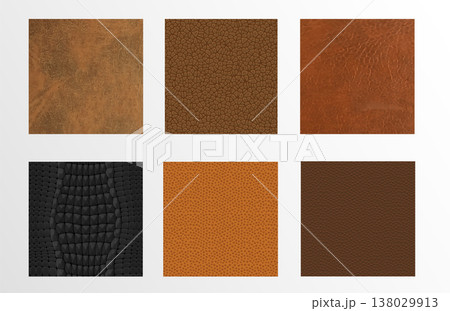 Realistic brown leather samples set on white Realistic brown leather samples set on white 138029913