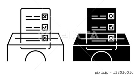 Linear icon. Ballot form dropped into ballot box. Simple black and white vector symbol isolated on white background Linear icon. Ballot form dropped into ballot box. Simple black and white vector symbol isolated on white background 138030016