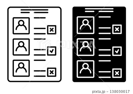 Linear icon. Ballot paper with details of candidates participating in elections and voter marks in checkboxes. Simple black and white vector symbol isolated on white background 138030017