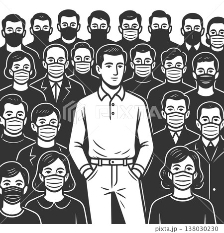 Man Without Mask Standing Among Masked Crowd 138030230