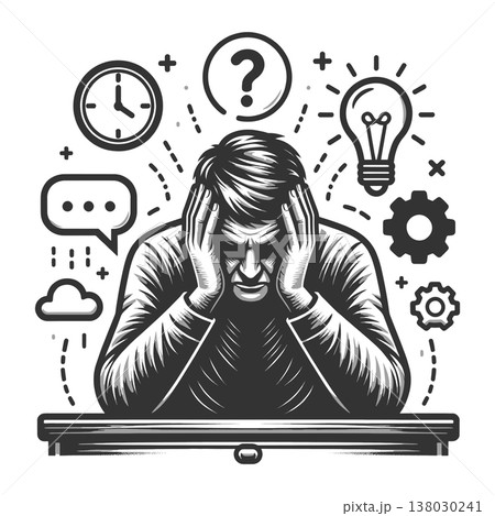 Stressed Man Overwhelmed by Thoughts and Ideas Stressed Man Overwhelmed by Thoughts and Ideas 138030241