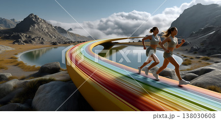 Competitors race vividly. Two determined opponents speed through splashing mountain landscape scene 138030608