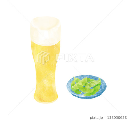 ビールと枝豆の水彩イラスト 小鉢に盛られた枝豆とグラスビール 晩酌・夏 138030628