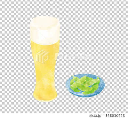 啤酒和毛豆的水彩插畫。毛豆盛在小碗裡，旁邊放著一杯啤酒。夏日傍晚的飲品。 138030628