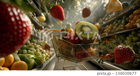 Dynamic supermarket scene showcasing abundant produce with cinematic lighting and vibrant atmosphere 138030677