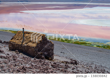 Awe inspiring stone hut by Laguna Colorada colorful lake in Bolivia 138030842
