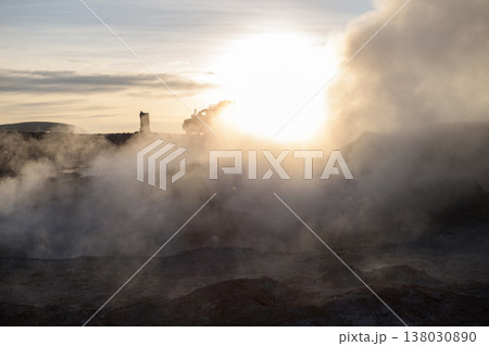 Serene geothermal field at Sol de Manana with bright sun and steam 138030890