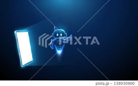 3d mobile phone with cute robot raising hand. AI assistant on smartphone, chatbot introduction, virtual assistant support, mobile app guidance, digital communication concept. 138030900