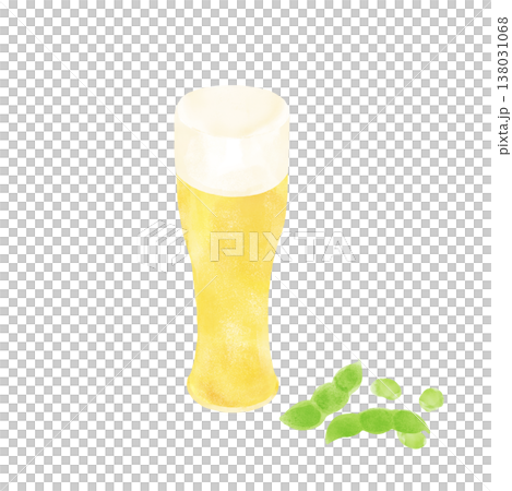 一幅水彩插畫，描繪了啤酒和毛豆。新鮮的毛豆，豆粒快要溢出來了，旁邊還有一杯啤酒。 138031068