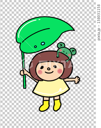 一個留著波波頭、帶著可愛青蛙、撐著雨傘、穿著雨靴的可愛女孩，絲毫不懼雨季。 138031158