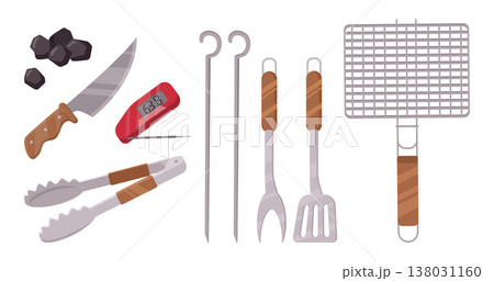 Barbecue cooking tools. Cartoon bbq camping equipment, barbecue grate, tongs, skewers and charcoal for kindling flat vector illustration set. Bbq cooking tools on white background 138031160
