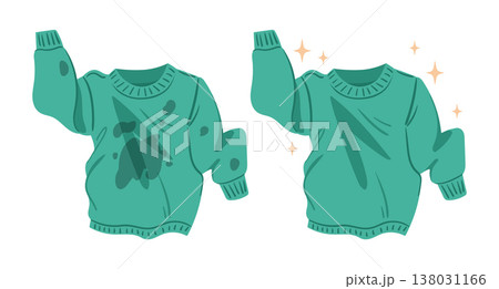 Dirty and clean jumper. Stained and wrinkled clothing become clean and fresh, laundry apparel flat vector illustration. Cartoon cotton jumper cleaning concept on white background 138031166