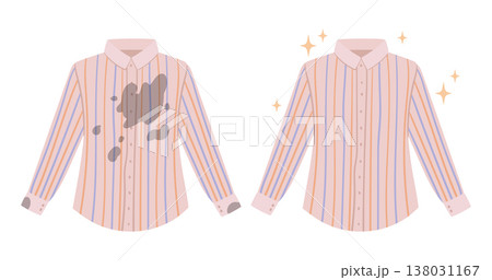 Dirty and clean shirt. Stained and wrinkled clothing become clean and fresh, laundry apparel flat vector illustration. Cartoon cotton shirt cleaning concept on white background 138031167