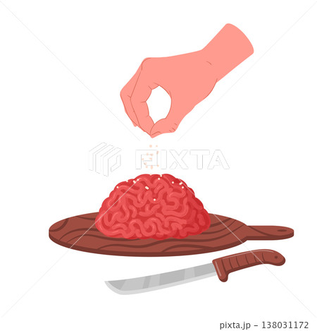 Hand salting ground beef. Minced pork seasoning, delicious meat product, ground beef salting process flat vector illustration. Cartoon ground meat cooking on white 138031172