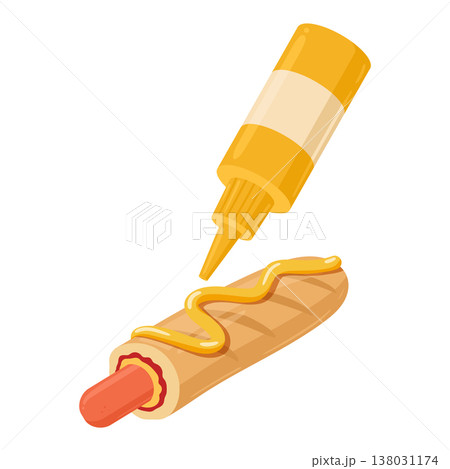 Hot dog. Delicious hot dog with pouring mustard, tasty fast food dish flat vector illustration. Cartoon hot dog isolated on white background 138031174
