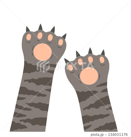 Kitty cat paws. Cat paws, spotted domestic animals feet, cute fluffy kitty paws flat vector background illustration. Cute kitten paws on white background. 138031176