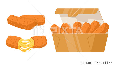 Mozzarella cheese sticks. Deep-fried fast food crispy snack, delicious melted cheese, takeaway restaurant food flat vector illustration set. Cartoon junk fast food on white 138031177