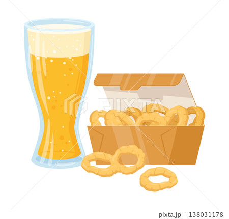 Onion rings and beer. Cartoon fast food set, junk food menu, deep-fried onion rings and lager flat vector illustration. Takeaway fast food meal isolated on white Onion rings and beer. Cartoon fast food set, junk food menu, deep-fried onion rings and lager flat vector illustration. Takeaway fast food meal isolated on white 138031178