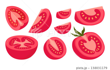 Ripe tomato slices and pieces. Chopped red vegetable slices, fresh tomatoes with yellow seeds flat vector illustration set. Cartoon tomato isolated on white background Ripe tomato slices and pieces. Chopped red vegetable slices, fresh tomatoes with yellow seeds flat vector illustration set. Cartoon tomato isolated on white background 138031179