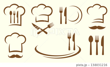 Cooking icons set with cutlery, utensil and chef hat restaurant icons Cooking icons set with cutlery, utensil and chef hat restaurant icons 138031216
