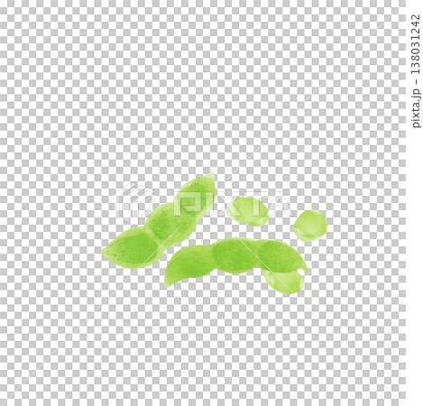水彩插畫描繪了毛豆，展現了豆粒裸露在外、彷彿要蹦出來的景象。毛豆是一種零食/夏季蔬菜。 138031242