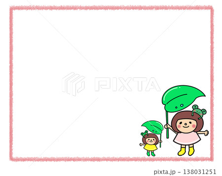 カエルと葉っぱの傘と長靴でおしゃれするカワイイおかっぱボブヘアの女子 138031251
