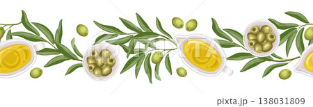 Olive oil and branches with fruit seamless border. Top view vector hand drawn illustration for cafe and restaurant template. Italian food cartoon repeat drawing perfect for product packaging graphic. Olive oil and branches with fruit seamless border. Top view vector hand drawn illustration for cafe and restaurant template. Italian food cartoon repeat drawing perfect for product packaging graphic. 138031809
