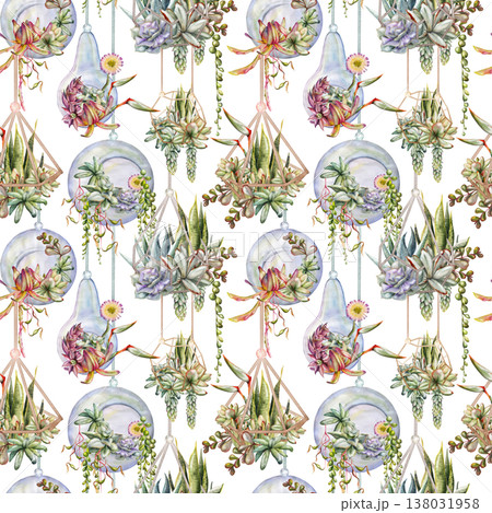 Watercolor rosette succulents in metal frames, glass orbs and bulbs. Terrarium hanging gardens isolated hand drawn illustration. Seamless pattern for planners, journals, design studio print materials. Watercolor rosette succulents in metal frames, glass orbs and bulbs. Terrarium hanging gardens isolated hand drawn illustration. Seamless pattern for planners, journals, design studio print materials. 138031958