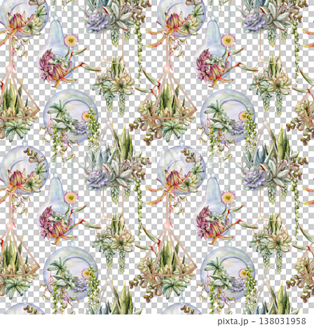 Watercolor rosette succulents in metal frames, glass orbs and bulbs. Terrarium hanging gardens isolated hand drawn illustration. Seamless pattern for planners, journals, design studio print materials. Watercolor rosette succulents in metal frames, glass orbs and bulbs. Terrarium hanging gardens isolated hand drawn illustration. Seamless pattern for planners, journals, design studio print materials. 138031958